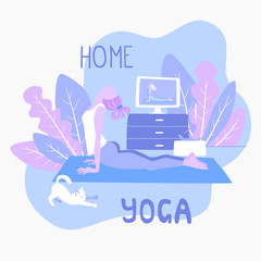 Home yoga classes online. A girl and a cat do asanas, repeating after the trainer on the screen. Hand drawn flat man quarantined isolated in  apartment. Stock vector illustration on white background.