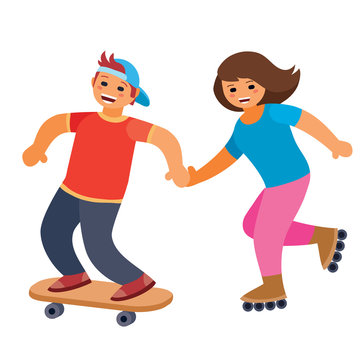 guy and girl roller skate and skateboard together, fun, date, isolated object on white background, vector illustration, eps