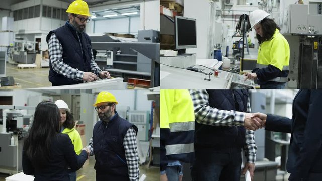 Collage of technicians setting machines and meeting at factory. Multiscreen montage, split screen collage. Print manufacturing concept