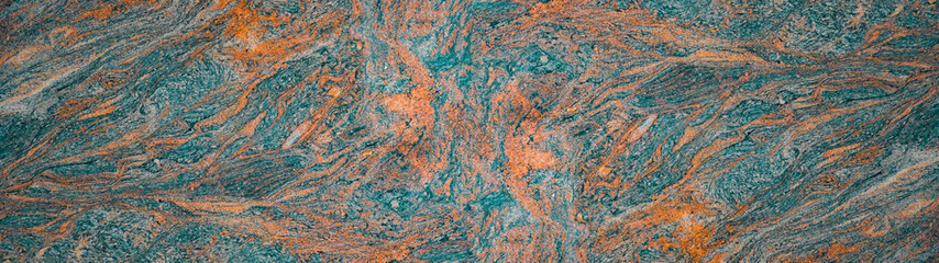 Blue turquoise orange abstract marble granite natural stone texture background banner panorama ( complementary colors )
