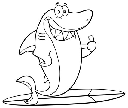 recommend clip art: Black And White Shark Cartoon Mascot Character Surfing And Holding A Thumb Up. Vector Illustration With Background