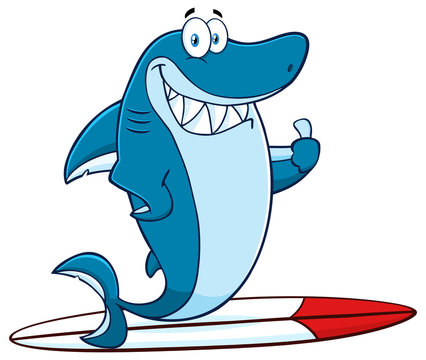 Smiling Blue Shark Cartoon Mascot Character Surfing And Holding A Thumb Up. Vector Illustration With Background
