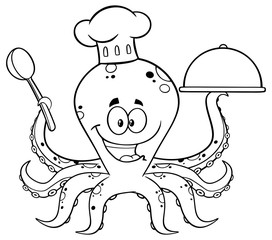 Black And White Octopus Chef Cartoon Character Serving Food In A Sliver Platter. Vector Illustration Isolated On White Background