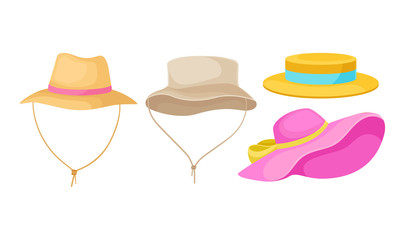 Brimmed Male and Female Hats with Ribbons Isolated on White Background Vector Set