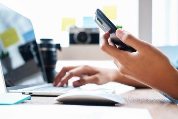 Business man working with smart phone and laptop. Business and technology concept.