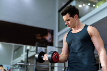 Young handsome man exercising with dumbbells at the gym