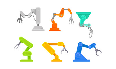Robotic Arm in Manufacturing Process. Robot and Machine Industry Vector Set