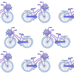 Seamless vector retro bikes pattern with wicker basket and flowers. Perfect for wallpaper, wrapping paper, print, design.