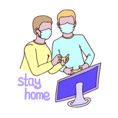 Vector illustration of occupation at home during quarantine. Teenagers in protective masks play computer games, stay at home, do not go out. Hand-drawn icon.