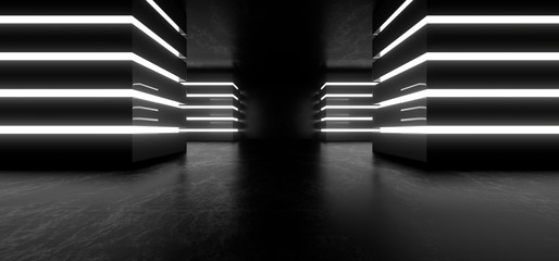 Dark hall with bright white neon lights on a black background. 3d rendering image.