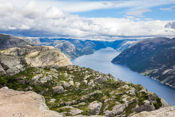 Fototapeta na wymiar view of the fjord and mountains from the Preikestolen viewpoint in Norway