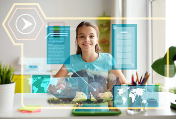 education, school and technology concept - girl with tablet pc computer and hologram projection...