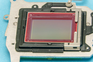 Matrix from a SLR camera on a blue background, macrophotography