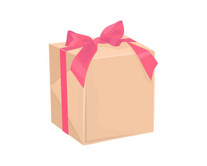 Vector illustration of a cardboard box from craft paper with a pink ribbon.