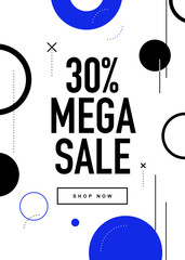 30% OFF Mega Sale Flyer Design. Promo Web Banner Discount Coupon Color Illustration. Flat Design Sale Poster Template.