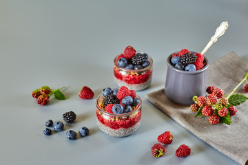 Vegan healthy food. Chia pudding with fresh raspberries, blueberries, blackberries and granola or musley.