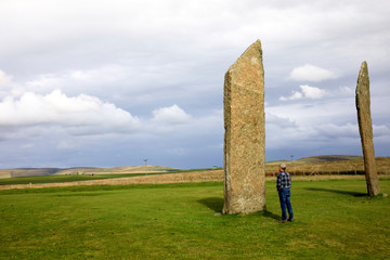Stennessl - Orkney (Scotland), UK - August 06, 2018: Standing Stones of Stenness, Neolithic megaliths in the island of Mainland, Orkney, Scotland, Highlands, United Kingdom