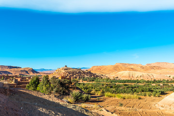 The fortified town of Ait-Ben-Haddou near Ouarzazate on the edge of the sahara desert in Morocco. Copy space for text.