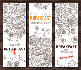 Breakfast food menu and good morning vertical banners. Template and layout with hand drawn elements of different ingredients and dishes. Design, cards, brochures witn vector sketch illustration