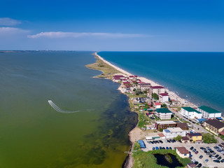Curortnoe sea spit resort in Odessa region in Ukraine. Aerial view of beach and sea.
