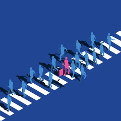Isometric Illustration of many people are walking on the zebra cross. these is a pink traveller is in group of blue people.