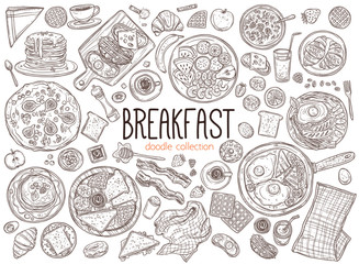 Set of doodle breakfast food and good morning elements and icons. Vector sketch hand drawn illustration