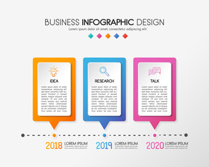 Business infograph with 3 steps. Colourful timeline. Vector