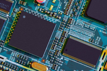 Electronic circuit board close up.