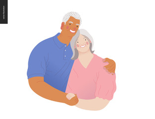 Medical insurance -senior citizen health plan -modern flat vector concept digital illustration of a happy elderly couple, standing embraced together holding their hands. Medical insurance plan.