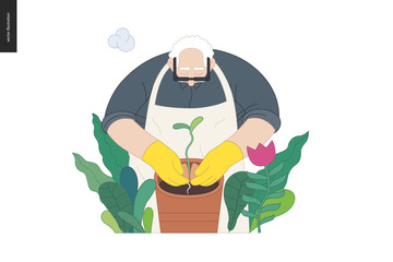 Gardening people, spring - modern flat vector concept illustration of an elderly man wearing white apron and yellow gloves planting an avocado sprout into a flower pot. Spring gardening concept