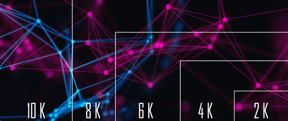 10K/ 8K/ 6K / 4K / 2K tv resolution display with comparison of resolutions. 3D render