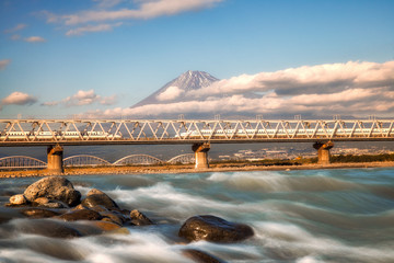 Mountain Fuji and railway in winter season from Shizuoka prefecture.