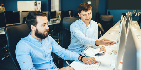 Caucasian businessman with beard having a discussion with his colleague pointing to the computer in their office