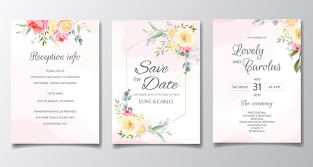 Naklejka na ściany i meble Elegant wedding invitation card set template with colorful flower and greenery leaves
