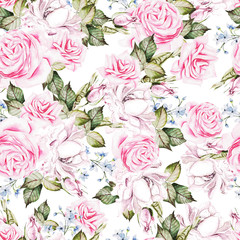Beautiful  watercolor seamless pattern with roses and forgot me not  flowers . 
