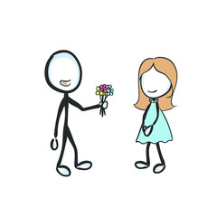 Man giving flowers to lady. Happy couple. Making present. Hand drawn. Stickman cartoon. Doodle sketch, Vector graphic illustration