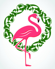 pink flamingo bird with green floral ornamental wreath