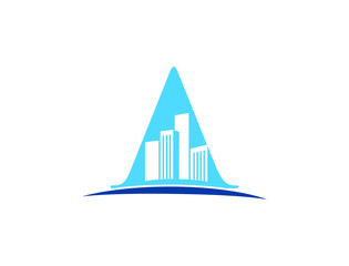 blue building on letter A monogram icon on white background