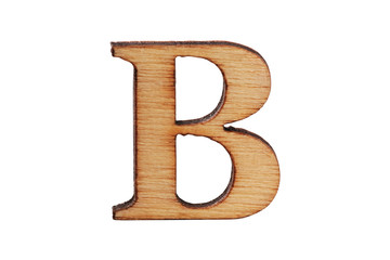Wooden letter B isolated on white background. Close-up.