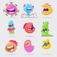 Fototapeta premium Funny virus vector cartoon character set isolated on white background.