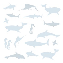 Shadow play. Vector set isolated on white of silhouettes, blue shapes, icons, pictograms of marine animals, fishes, inhabitants dolphins, swordfish, whales, sharks, seahorses, sea angels sawfish