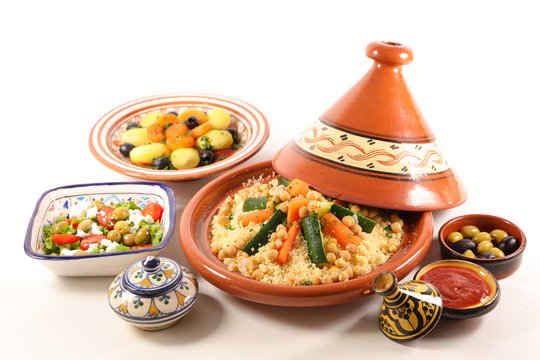 morrocan dish- couscous, tagine, olive, salad