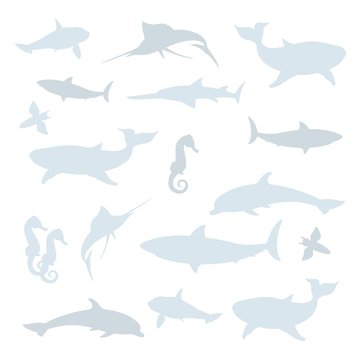 Shadow play. Vector set isolated on white of silhouettes, blue shapes, icons, pictograms of marine animals, fishes, inhabitants dolphins, swordfish, whales, sharks, seahorses, sea angels sawfish