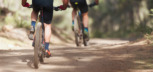 Athletes mountain biking on forest trail, mountain bike race	