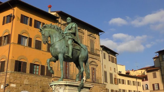 Florence, Italy. Early morning. Equestrian statue of Cosimo I de 'Medici, set on the Piazza della Signoria.