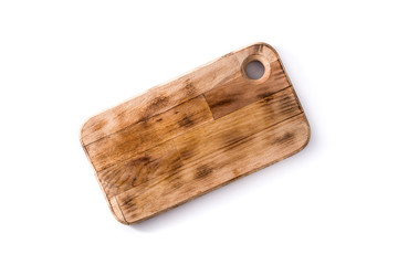Empty wooden cutting board isolated on white background. Top view