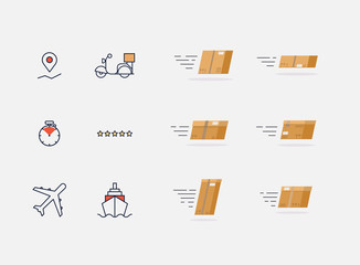 Fast delivery service concept. Set of speed delivery boxes flying. Vector illustration.