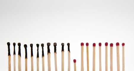 A lot of burnt matchsticks and one matchstick prevents following burning. Concept of stop spreading coronavirus and stay at home