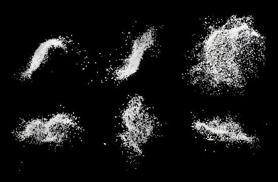 Set of sea salt splash explosion isolated on black background close up, freeze motion