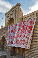 Suzani (type of embroidered and decorative tribal textile)at the market of Khiva, Uzbekistan